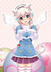 Rule 34 | 1girl, animal ears, blush, breasts, cat ears, cat tail, ganari ryuu, gloves, gradient background, green eyes, headphones, headset, heart, heart hands, heart tail, highres, large breasts, long hair, looking at viewer, mittens, open mouth, original, pink hair, polka dot, polka dot background, scarf, skirt, smile, solo, striped clothes, striped thighhighs, super tama musume, tail, tamatoys, thighhighs, white scarf