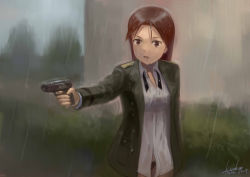 Rule 34 | 1girl, artist name, brown eyes, brown hair, dated, epaulettes, faux traditional media, gun, handgun, jacket, kanokoga, long hair, minna-dietlinde wilcke, open clothes, open jacket, open mouth, panties, pistol, pocket pistol, rain, red eyes, red hair, solo, strike witches, unbuttoned, underwear, uniform, walther, walther ppk, weapon, wet, wet clothes, world witches series