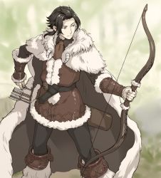 Rule 34 | alternate costume, brown hair, cyrus (octopath traveler), forest, fur trim, jacket, long hair, male focus, nature, octopath traveler, octopath traveler i, ponytail, shikimiorange, short hair, simple background, solo, weapon