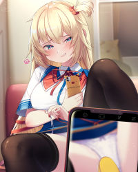 Rule 34 | 1girl, akai haato, akai haato (1st costume), black thighhighs, blonde hair, blue eyes, blue skirt, blush, breasts, cellphone, grin, hair ornament, heart, heart-shaped pupils, heart hair ornament, highres, holding, holding phone, hololive, large breasts, light particles, long hair, looking at viewer, magowasabi, nail polish, neck ribbon, one side up, panties, phone, red nails, red ribbon, ribbon, shirt, short sleeves, signature, sitting, skirt, smile, solo, symbol-shaped pupils, thighhighs, twitter username, underwear, very long hair, virtual youtuber, white panties, white shirt