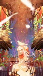 Rule 34 | 1girl, animal, animal on head, bird, bird on head, bow, coral, dress, feathers, hair bow, highres, long hair, looking at viewer, mkt ocha, on head, original, painting (object), picture frame, red eyes, skirt hold, smile, solo, water, white hair