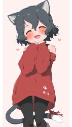 Rule 34 | 1girl, :d, ^ ^, animal ear fluff, animal ears, black pantyhose, cat ears, cat girl, cat tail, closed eyes, dress, fang, grey hair, highres, kaban (kemono friends), kemono friends, kemonomimi mode, long sleeves, off-shoulder sweater, off shoulder, open mouth, pantyhose, puffy long sleeves, puffy sleeves, ransusan, red sweater, short hair, smile, sweater, sweater dress, tail