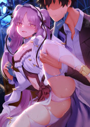 Rule 34 | 1boy, 1girl, backlighting, bare shoulders, black hair, black jacket, blush, breasts, breasts out, collarbone, dress, dress shirt, euryale (fate), euryale (lostroom outfit) (fate), fate/grand order, fate/hollow ataraxia, fate (series), frilled hairband, frills, fujimaru ritsuka (male), gloves, grey gloves, hairband, highres, jacket, leg lift, long hair, looking at viewer, lostroom outfit (fate), m-da s-tarou, nipples, open mouth, panties, parted bangs, purple eyes, purple hair, shirt, short hair, sidelocks, slit pupils, small breasts, smile, spread legs, twintails, underwear, very long hair, white dress, white panties, white shirt