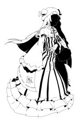 Rule 34 | 1girl, ama (mosaicowen), blunt bangs, bow, bowtie, capelet, dress, faceless, faceless female, full body, gloves, gown, greyscale, hat, high contrast, highres, long hair, monochrome, patchouli knowledge, sleeves past wrists, solo, striped clothes, striped dress, touhou, vertical-striped clothes, vertical-striped dress, wide sleeves