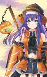 Rule 34 | 1girl, adapted costume, aqua eyes, black hat, black skirt, closed mouth, cowboy shot, detached sleeves, fire emblem, fire emblem: path of radiance, fire emblem heroes, floating hair, fuussu (21-kazin), garter straps, hair between eyes, halloween, halloween costume, hat, long hair, long sleeves, looking at viewer, mia (fire emblem), midriff, miniskirt, navel, nintendo, official alternate costume, orange sleeves, purple hair, skirt, smile, solo, standing, stomach, very long hair, wide sleeves, witch, witch hat