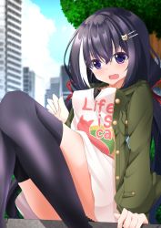 Rule 34 | 1girl, absurdres, black hair, black socks, blush, cat hair ornament, city, clothes writing, cloud, cloudy sky, commentary request, day, dendoubatta, english text, fang, green jacket, hair ornament, hairclip, highres, jacket, karyl (princess connect!), karyl (real) (princess connect!), kneehighs, long shirt, long sleeves, multicolored hair, outdoors, princess connect!, purple eyes, shirt, sidelocks, sitting, skin fang, sky, socks, solo, streaked hair, white hair, white shirt