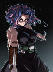 Rule 34 | 1girl, absurdres, angry, arm cannon, armpits, bare shoulders, belt, belted dress, between fingers, black dress, blue hair, boku no hero academia, breasts, bullet, collarbone, dress, eyebrows, eyelashes, female focus, fingernails, gun, highres, holding, holding bullet, lady nagant, large breasts, looking afar, lord guyis, medium hair, multicolored hair, neck, night, night sky, outdoors, outstretched arms, parted bangs, pink eyes, pink hair, pointing weapon, rain, rifle, sidelocks, signature, sky, sleeveless, sleeveless dress, sniper, sniper rifle, spread arms, standing, turtleneck, turtleneck dress, two-tone hair, utility belt, v-shaped eyebrows, water drop, weapon, wet, wet hair