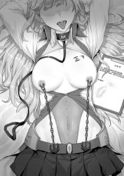 Rule 34 | 1girl, absurdres, anchor symbol, arms up, bad id, bad pixiv id, bdsm, body writing, breasts, breasts apart, breasts out, chain, clipboard, collar, covered navel, dawalixi, earrings, greyscale, highres, jewelry, leash, linked piercing, lip mark, long hair, lying, medium breasts, microskirt, missouri (warship girls r), monochrome, nipple piercing, on back, open mouth, piercing, pleated skirt, shaded face, skirt, slave, solo, tally, tongue, tongue out, translation request, warship girls r
