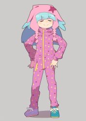 Rule 34 | 10s, 1girl, blue hair, closed eyes, female focus, full body, hair down, hands on own hips, hat, hoshikawa lily, nakkasu, onesie, simple background, smug, solo, winter clothes, zombie land saga