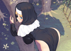 Rule 34 | 1girl, against tree, ass, bent over, blonde hair, blue eyes, blush, breasts, capelet, come hither, grass, habit, hanging breasts, huge breasts, impossible clothes, looking at viewer, looking back, nun, original, sakimori dan, short hair, side slit, smile, solo, tree, wide hips