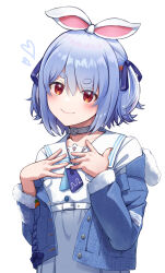 Rule 34 | 1girl, animal ears, belt, blue hair, blush, choker, closed mouth, collarbone, dress, hands on own chest, hands up, heart, highres, hololive, off shoulder, official alternate costume, rabbit ears, rabbit girl, red eyes, sailor collar, short eyebrows, simple background, smile, solo, tied ears, usada pekora, usada pekora (casual), virtual youtuber, white background, white choker, white dress, yeogpu (seung832222)