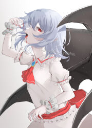 Rule 34 | 1girl, ascot, bat wings, blood, blood on face, commentary request, cowboy shot, from side, grey hair, highres, kuro wa shinoru, looking at viewer, open mouth, red ascot, red eyes, remilia day, remilia scarlet, shirt, short hair, short sleeves, simple background, skirt, solo, touhou, white background, white shirt, white skirt, wings