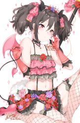 Rule 34 | 1girl, alternate costume, arm tattoo, artist name, asymmetrical wings, bad id, bad pixiv id, bare shoulders, black choker, black hair, blush, bow, bracelet, choker, chuchugou, collarbone, commentary, cowboy shot, crop top, demon girl, demon horns, demon tail, demon wings, dress, drop shadow, earrings, elbow gloves, fishnet thighhighs, fishnets, floral print, flower, frilled skirt, frills, garter straps, gem, gloves, hair between eyes, hair bow, hair ornament, hairclip, hands up, heart, highres, holding tail, horns, jewelry, knee up, lace, lace-trimmed legwear, lace trim, leaf, looking down, love live!, love live! school idol festival, love live! school idol project, midriff, miniskirt, navel, patreon username, pearl (gemstone), pearl bracelet, pink bow, pink flower, pink footwear, pink rose, polearm, polka dot, polka dot bow, polka dot dress, purple flower, purple rose, red eyes, red flower, red rose, rose, sidelocks, signature, simple background, skirt, solo, sparkle background, striped clothes, striped gloves, suspenders, tail, tattoo, thighhighs, thighs, tiara, twintails, twitter username, vertical-striped clothes, vertical-striped gloves, weapon, wings, yazawa nico, zettai ryouiki