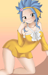 Rule 34 | 1girl, absurdres, blue hair, breasts, brown eyes, dmayaichi, dress, fairy tail, hair ornament, hair ribbon, highres, legs, levy mcgarden, ribbon, simple background, small breasts, yellow dress
