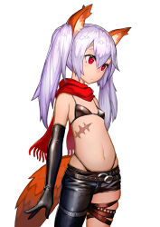 Rule 34 | 1girl, animal ears, asymmetrical pants, bad id, bad pixiv id, bikini, black bikini, black gloves, breasts, commentary, contrapposto, cowboy shot, dark-skinned female, dark skin, elbow gloves, elin, fox ears, fox tail, gloves, navel, pandinus, purple hair, red eyes, red scarf, scar, scar on stomach, scarf, simple background, small breasts, solo, standing, swimsuit, tail, tera online, white background