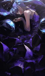 Rule 34 | 1girl, asymmetrical sleeves, bare arms, black theme, blue eyes, blue hair, blue theme, crying, crying with eyes open, dress, floating hair, from side, hands up, hatsune miku, highres, long hair, mallllma, profile, purple dress, purple theme, shinkai shoujo (vocaloid), sleeveless, sleeveless dress, solo, spaghetti strap, tears, twintails, underwater, very long hair, vocaloid