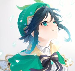 Rule 34 | 1boy, absurdres, androgynous, aqua eyes, aqua hair, beret, black bow, black hair, bow, braid, cape, collared shirt, commentary request, feathers, genshin impact, gradient hair, green cape, green hat, hair between eyes, hat, highres, looking to the side, looking up, male focus, multicolored hair, portrait, profile, shirt, short hair with long locks, side braids, smile, solo, twin braids, two-tone hair, unishuri, venti (genshin impact), white shirt