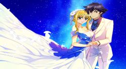 Rule 34 | 00s, 10s, 1boy, 1girl, alternate hairstyle, angelise ikaruga misurugi, arm around waist, bare shoulders, black hair, blonde hair, breasts, brooch, cleavage, couple, cowboy shot, cross ange, crossover, dress, fate testarossa, feathers, flower, formal, gloves, grin, gundam, gundam 00, hair bun, hair flower, hair ornament, hair ribbon, hair up, hetero, highres, jewelry, large breasts, light smile, long dress, long sleeves, looking at viewer, lyrical nanoha, mahou shoujo lyrical nanoha, mahou shoujo lyrical nanoha strikers, miyano mamoru, mizuki nana, necktie, off shoulder, ribbon, see-through, setsuna f. seiei, short hair, short hair with long locks, sidelocks, single hair bun, sky, smile, standing, star (sky), starry sky, suit, third-party edit, tusk (cross ange), voice actor connection, white gloves, wing collar