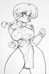 Rule 34 | 1girl, breasts, chinese clothes, clenched hands, genderswap, genderswap (mtf), greyscale, large breasts, looking at viewer, monochrome, nekoyashiro, ponytail, ranma-chan, ranma 1/2, saotome ranma, short hair