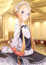 Rule 34 | 1girl, abigail williams (fate), abigail williams (festival outfit) (fate), alternate costume, black skirt, blonde hair, blue eyes, blush, braid, breasts, dress, enmaided, fate/grand order, fate (series), food, forehead, french braid, frills, heroic spirit festival outfit, juu roku gen, keyhole, long hair, long sleeves, looking at viewer, maid, maid headdress, official alternate costume, skirt, sleeves past fingers, sleeves past wrists, small breasts, smile, solo, stuffed animal, stuffed toy, teddy bear, very long hair, white dress