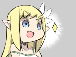 Rule 34 | 1girl, :d, bad id, bad pixiv id, bare shoulders, blonde hair, blue eyes, collarbone, dress, elf, grey background, long hair, open mouth, original, pointy ears, sidelocks, sleeveless, sleeveless dress, smile, solo, sparkle, strap slip, u-non (annon&#039;an), v-shaped eyebrows, white dress