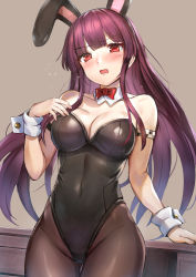 Rule 34 | 1girl, animal ears, armband, black leotard, blush, breasts, brown pantyhose, cleavage, collarbone, covered navel, cowboy shot, desk, detached collar, detached sleeves, fake animal ears, girls&#039; frontline, hair ribbon, half updo, hand up, head tilt, himonoata, large breasts, leotard, long hair, looking at viewer, one side up, open mouth, pantyhose, playboy bunny, purple hair, rabbit ears, red eyes, ribbon, sidelocks, solo, very long hair, wa2000 (girls&#039; frontline), wrist cuffs