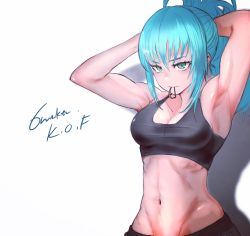 Rule 34 | 1girl, 6maker, adjusting hair, armpits, arms behind head, arms up, blue eyes, blue hair, breasts, cleavage, hair tie, hair tie in mouth, highres, leona heidern, medium breasts, midriff, mouth hold, muscular, navel, ponytail, signature, snk, solo, the king of fighters, tying hair