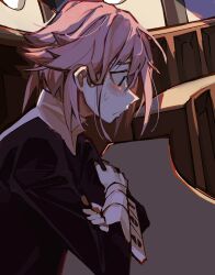 1other closed_mouth commentary crona_(soul_eater) crossed_arms english_commentary from_side hair_behind_ear highres kaligraphy long_sleeves messy_hair school short_hair sleeve_cuffs solo soul_eater sweatdrop turtleneck white_sleeve_cuffs