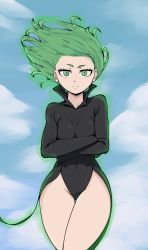 Rule 34 | 1girl, athosart, aura, black dress, breasts, covered navel, crossed arms, dress, floating, frown, green eyes, green hair, highres, looking at viewer, one-punch man, short hair, sky, small breasts, solo, tatsumaki, thigh gap, thighs