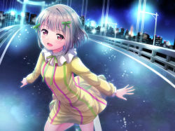 Rule 34 | 1girl, artist name, artist request, bare legs, blue sky, blush, bow, bowtie, breasts, bridge, brown hair, city, city lights, cloud, collar, dress, female focus, floating hair, frilled collar, frilled sleeves, frills, green bow, green footwear, green ribbon, grey hair, hair bow, hair ribbon, highres, light brown hair, long sleeves, looking at viewer, love live!, love live! nijigasaki high school idol club, love live! school idol festival, miniskirt, mutekikyuu believer, nakasu kasumi, neck ribbon, neck ruff, night, night sky, outdoors, parted lips, pink eyes, plaid, plaid dress, plaid skirt, pleated, pleated dress, pleated skirt, puffy long sleeves, puffy sleeves, purple eyes, ribbon, road, shoes, short hair, skirt, sky, sleeves past wrists, small breasts, smile, socks, solo, standing, standing on one leg, striped clothes, striped dress, vertical-striped clothes, vertical-striped dress, wavy hair, white detached collar, white socks, yellow dress, yellow skirt