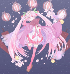 Rule 34 | 1girl, bad id, bad pixiv id, bell, cherry blossoms, detached sleeves, hand fan, folding fan, hatsune miku, jingle bell, long hair, necktie, petals, pink eyes, pink hair, sandals, shiki (silverandblue), skirt, solo, standing, standing on one leg, thighhighs, twintails, very long hair, vocaloid