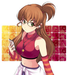 Rule 34 | 00s, 1girl, bad id, bad pixiv id, bare shoulders, bespectacled, between breasts, breasts, brown hair, detached sleeves, digital media player, glasses, green eyes, headphones, idolmaster, idolmaster dearly stars, jewelry, long hair, md5 mismatch, midriff, navel, necklace, one side up, onion (lemlaml), sakurai yumeko, shirt, side ponytail, solo, star (symbol), striped, taut clothes, taut shirt, tied shirt