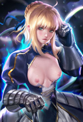 Rule 34 | 1girl, ahoge, armor, armored dress, artoria pendragon (all), artoria pendragon (fate), blonde hair, blush, breastplate, breasts, breasts out, cleavage cutout, clothing cutout, dress, fate/stay night, fate (series), female focus, gauntlets, gradient background, green eyes, hair bun, highres, lips, looking at viewer, nipples, nose, planted, planted sword, planted weapon, saber (fate), sakimichan, short hair, single hair bun, solo, sweat, sword, weapon