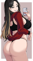 Rule 34 | 1girl, :d, \||/, ass, black hair, black panties, blonde hair, border, breasts, commentary, commission, cowboy shot, earrings, english commentary, forehead, from behind, hand up, hella p, highres, jewelry, large breasts, long hair, long sleeves, looking at viewer, multicolored hair, open mouth, original, panties, pearl earrings, piercing, pointy nose, red sleeves, selfie, sideboob, smile, solo, string panties, teeth, two-tone hair, underwear, v-shaped eyebrows, white border