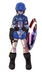 Rule 34 | 1girl, adapted costume, animification, backlighting, black socks, boots, captain america, cosplay, cross-laced footwear, full body, kneehighs, kotoyama, lace-up boots, legs apart, marvel, shield, short hair, simple background, socks, solo, standing, white background