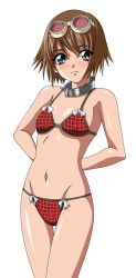 Rule 34 | 00s, 1girl, bikini, blush, breasts, brown hair, collar, flat chest, goggles, goggles on head, green eyes, highres, navel, plaid, red bikini, rita mordio, short hair, small breasts, solo, swimsuit, tales of (series), tales of vesperia, transparent background