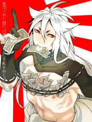 Rule 34 | 10s, 1boy, black gloves, cameo, fox shadow puppet, gloves, hashtag, kogitsunemaru, long hair, looking at viewer, male focus, mikazuki munechika, money, mouth hold, nipples, partially fingerless gloves, red eyes, rising sun flag, simple background, solo, sunburst, topless male, touken ranbu, translation request, tucked money, very long hair, white hair, zuwai kani