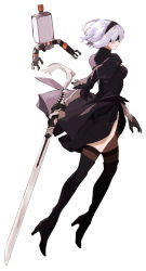 Rule 34 | 1girl, black dress, black footwear, black gloves, boots, breasts, brown thighhighs, cleavage cutout, clothing cutout, covered eyes, dress, from side, full body, gloves, hairband, high heels, highres, holding, holding sword, holding weapon, jumping, katana, legs, mechanical arms, medium breasts, medium hair, nier (series), nier:automata, panties, pod (nier:automata), sakuremi, side slit, simple background, solo, sword, thigh boots, thighhighs, thighs, underwear, weapon, white background, white hair, white panties, white sleeves, white tassel, 2b (nier:automata)