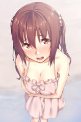 Rule 34 | 10s, 1girl, blush, breast hold, breasts, brown eyes, brown hair, cleavage, covered erect nipples, dress, ebina nana, female focus, foreshortening, from above, gradient background, himouto! umaru-chan, large breasts, long hair, looking at viewer, mikazuchi zeus, open mouth, smile, solo, sundress, twintails, wavy mouth