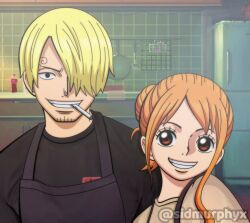 Rule 34 | 1boy, 1girl, artist name, blonde hair, cigarette, facial hair, hair over one eye, highres, kitchen, long hair, looking at viewer, nami (one piece), one piece, one piece (live action), orange hair, refrigerator, sanji (one piece), short hair, sidmurphyx, smile