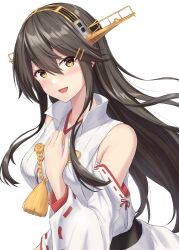 Rule 34 | 1girl, absurdres, bare shoulders, black hair, blush, brown eyes, detached sleeves, hair between eyes, hair ornament, hairband, hairclip, haruna (kancolle), haruna kai ni (kancolle), headgear, highres, japanese clothes, kantai collection, long hair, looking at viewer, monoku, nontraditional miko, open mouth, ribbon-trimmed sleeves, ribbon trim, simple background, smile, solo, upper body, white background, wide sleeves