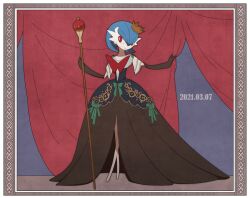 Rule 34 | alternate color, asgr pww, black dress, black gloves, blue hair, bob cut, bow, colored skin, commentary request, creatures (company), crown, curtains, dress, dress bow, elbow gloves, game freak, gardevoir, gardevoir day, gen 3 pokemon, gloves, green bow, holding, holding scepter, looking at viewer, mega gardevoir, mega pokemon, nintendo, pokemon, pokemon (creature), red eyes, scepter, shiny pokemon, smile, white skin