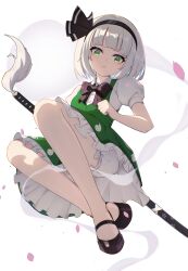 1girl absurdres black_footwear black_hairband closed_mouth commentary frilled_skirt frills full_body ghost green_eyes green_skirt grey_hair hairband highres konpaku_youmu konpaku_youmu_(ghost) looking_at_viewer oeyama short_hair simple_background skirt solo touhou v-shaped_eyebrows white_background