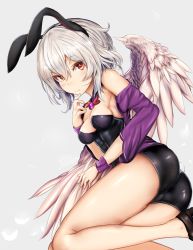 Rule 34 | 1girl, animal ears, ass, bare shoulders, black footwear, bow, bowtie, breasts, brooch, detached collar, expressionless, fake animal ears, feathered wings, highres, houdukixx, jacket, jewelry, kishin sagume, leotard, looking at viewer, medium breasts, playboy bunny, rabbit ears, rabbit tail, red bow, red bowtie, red eyes, shoes, silver hair, simple background, single wing, solo, tail, thighs, touhou, white wings, wings, wrist cuffs