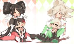 Rule 34 | + +, 4girls, aged down, ankle boots, argyle, argyle background, argyle clothes, arm support, black dress, black footwear, black hair, black jumpsuit, boots, brown eyes, callie (splatoon), closed eyes, closed mouth, collar, cousins, detached collar, dress, dual persona, earrings, fang, food, food on head, frown, gloves, gradient hair, green background, green hair, green legwear, grey hair, grin, half-closed eyes, hand on another&#039;s head, highres, humanization, inkling, jewelry, jumpsuit, leaning back, long hair, looking at another, marie (splatoon), medium hair, mole, mole under eye, multicolored background, multicolored hair, multiple girls, nintendo, object on head, open mouth, pantyhose, pointy ears, red background, red hair, red legwear, shadow, short dress, short jumpsuit, sitting, sitting on lap, sitting on person, smile, splatoon (series), splatoon 1, strapless, strapless dress, sukeo (nunswa08), tentacle hair, very long hair, w arms, wariza, white collar, white gloves, wing collar