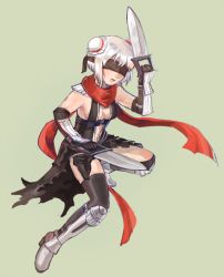 Rule 34 | 1girl, armor, armored boots, assassin cross (ragnarok online), black blindfold, black cape, black gloves, black leotard, black thighhighs, blindfold, boots, breasts, bun cover, buubuu (loli69), cape, chinese commentary, commentary request, dagger, double bun, dual wielding, elbow gloves, full body, gloves, green background, hair bun, high heel boots, high heels, holding, holding dagger, holding knife, holding weapon, jamadhar, knife, leotard, medium breasts, navel, open mouth, pauldrons, ragnarok online, red scarf, revealing clothes, scarf, short hair, shoulder armor, simple background, solo, thighhighs, vambraces, waist cape, weapon, white hair