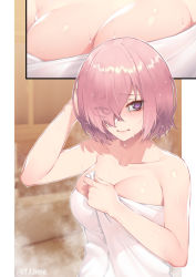 Rule 34 | 1girl, bare shoulders, blush, bob cut, breasts, cleavage, close-up, closed mouth, collarbone, eyes visible through hair, fate/grand order, fate (series), hair over one eye, hand on own head, holding, holding towel, indoors, jjune, large breasts, looking at viewer, mash kyrielight, naked towel, purple eyes, purple hair, sauna, short hair, solo, steam, towel, twitter username