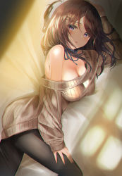 Rule 34 | 1girl, bad id, bad pixiv id, breasts, brown hair, cleavage, hand on own thigh, highres, large breasts, looking at viewer, lying, off-shoulder sweater, off shoulder, on side, original, purple eyes, ribbed sweater, solo, sweater, yk (pixiv43531291)