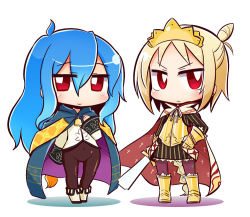 Rule 34 | &gt;:(, 2girls, 7th dragon, 7th dragon (series), ahoge, aitelle, ankle boots, armor, bell, belt, blonde hair, blue hair, blush, bodysuit, boots, braid, breastplate, cape, chibi, covered navel, cross, earrings, emel (7th dragon), emily (7th dragon), flat chest, frown, full body, gauntlets, gloves, gradient hair, greaves, hair between eyes, hair bun, hair tie, hand on own hip, holding, holding sword, holding weapon, jewelry, knee boots, lace, light smile, long hair, multicolored hair, multiple girls, naga u, pantyhose, parted bangs, pinstripe pattern, purple legwear, red eyes, ribbon, shadow, siblings, sidelocks, simple background, single braid, single hair bun, sisters, smile, standing, striped, stud earrings, sword, tiara, v-shaped eyebrows, very long hair, wavy hair, weapon, white background, wide sleeves