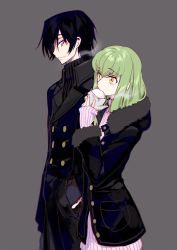 Rule 34 | 1boy, 1girl, baozi, black hair, black jacket, breath, c.c., code geass, commentary request, couple, creayus, eating, enpera, fingernails, food, from side, fur trim, gloves, green hair, grey background, grey gloves, holding hands, hand in another&#039;s pocket, hetero, holding, holding food, hood, hood down, jacket, lelouch vi britannia, long hair, long sleeves, looking at another, nail polish, pink nails, pink sweater, purple eyes, scarf, simple background, smile, standing, sweater, yellow eyes